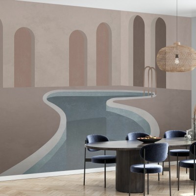 Imagine cu un wallpaper tropical cu arcade și o piscină turcoaz, decorat cu o masă de dining și scaune.