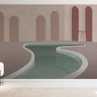 Tapet Lagoon Backyard, Nude Green, cu o piscină în aer liber și arce elegante, perfect pentru un living sau dormitor modern.