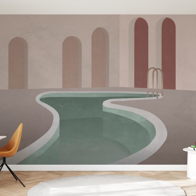 Tapet Lagoon Backyard, Nude Green, cu o piscină în aer liber și arce elegante, perfect pentru un living sau dormitor modern.