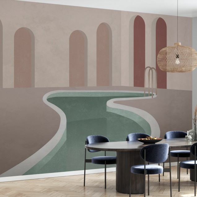 Tapet Lagoon Backyard, Nude Green, cu o piscină în aer liber și arce elegante, perfect pentru un living sau dormitor modern.