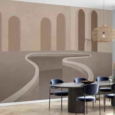 Tapet cu design abstract, în tonuri de bej, cu forme geometrice și un design modern