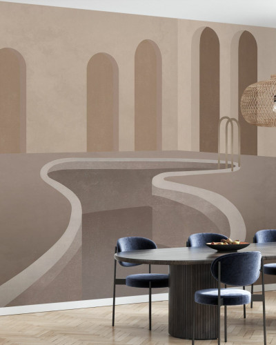 Tapet cu design abstract, în tonuri de bej, cu forme geometrice și un design modern