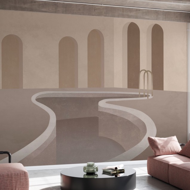 Tapet cu design abstract, în tonuri de bej, cu forme geometrice și un design modern