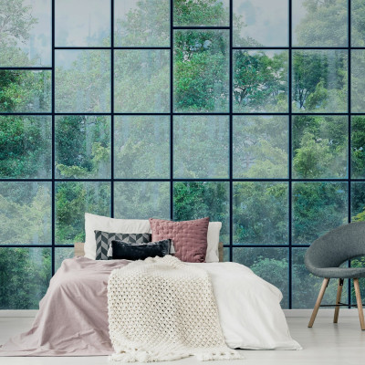 Tapet cu design minimalist Windows View, Black II ce prezintă ferestre cu vedere spre o pădure verde.