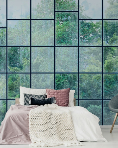Tapet cu design minimalist Windows View, Black II ce prezintă ferestre cu vedere spre o pădure verde.