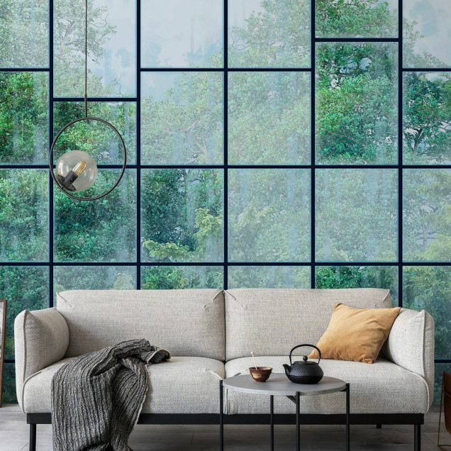 Tapet cu design minimalist Windows View, Black II ce prezintă ferestre cu vedere spre o pădure verde.