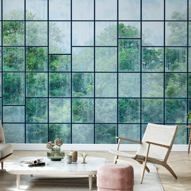 Tapet cu design minimalist Windows View, Black II ce prezintă ferestre cu vedere spre o pădure verde.