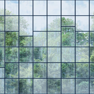 Tapet cu design minimalist Windows View, Black II ce prezintă ferestre cu vedere spre o pădure verde.