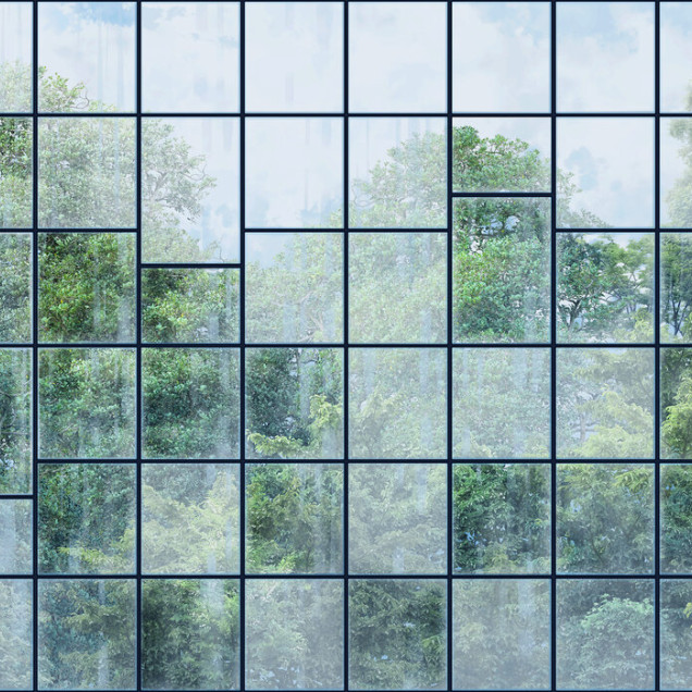 Tapet cu design minimalist Windows View, Black II ce prezintă ferestre cu vedere spre o pădure verde.
