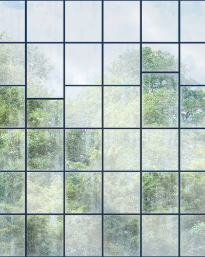 Tapet modern cu vedere la o pădure verde printr-un perete cu ferestre negre.