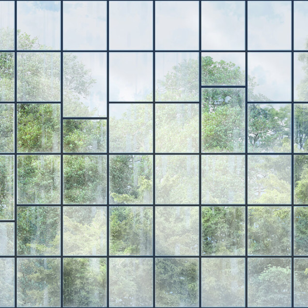 Tapet modern cu vedere la o pădure verde printr-un perete cu ferestre negre.