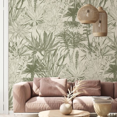 Tapet cu design minimalist, ce prezintă o colecție de suculente în verdele delicat al măslinelor.