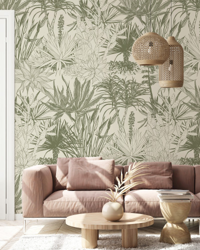 Tapet cu design minimalist, ce prezintă o colecție de suculente în verdele delicat al măslinelor.