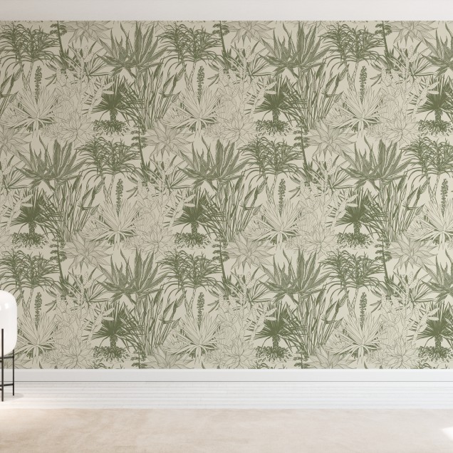 Tapet cu design minimalist, ce prezintă o colecție de suculente în verdele delicat al măslinelor.