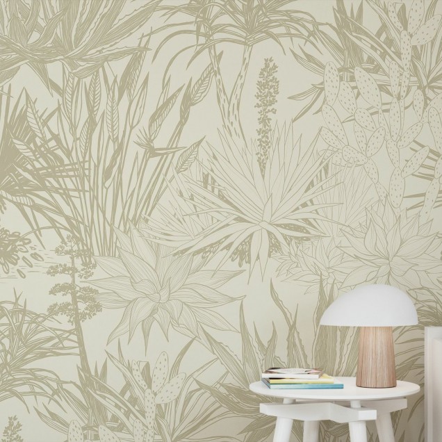 Tapet floral Succulents Beige, design modern cu plante, pentru decorarea peretilor