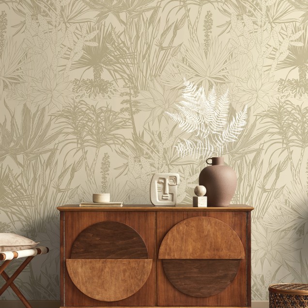 Tapet floral Succulents Beige, design modern cu plante, pentru decorarea peretilor