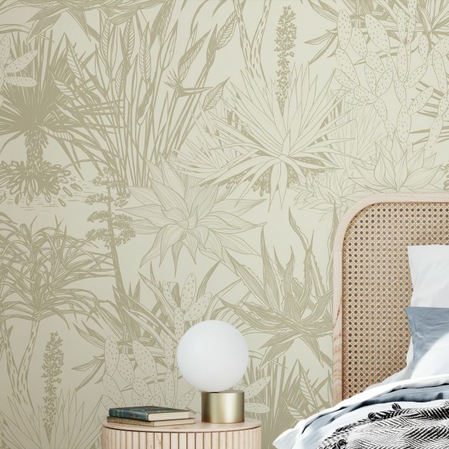 Tapet floral Succulents Beige, design modern cu plante, pentru decorarea peretilor