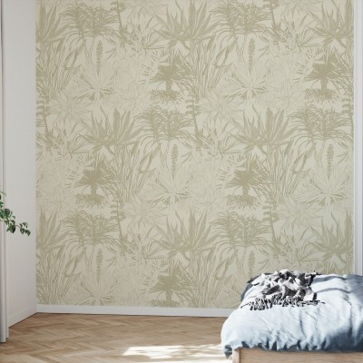Tapet floral Succulents Beige, design modern cu plante, pentru decorarea peretilor