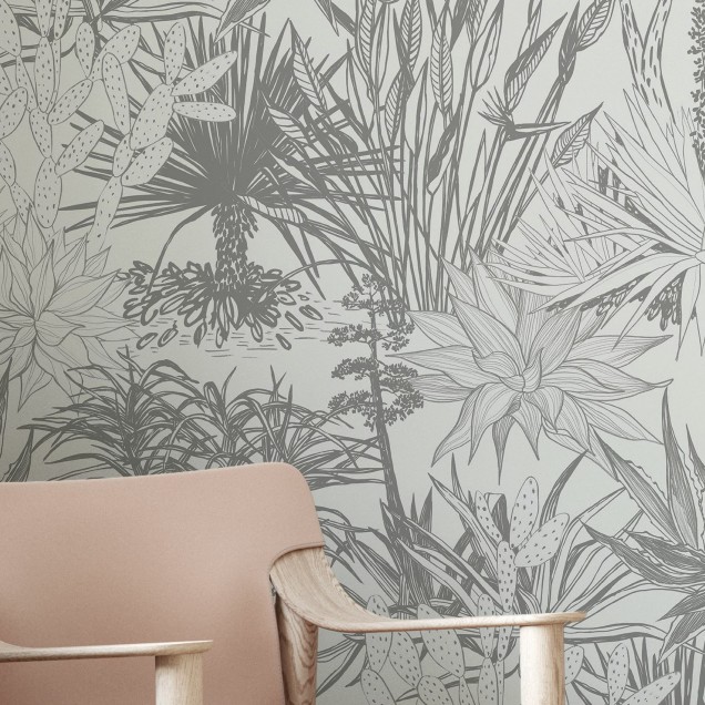 Tapet Succulents, gri, cu model minimalist de plante, ideal pentru living, dormitor sau bucatarie