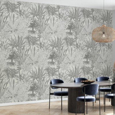 Tapet Succulents, gri, cu model minimalist de plante, ideal pentru living, dormitor sau bucatarie