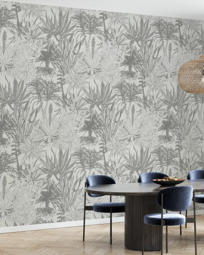 Tapet Succulents, gri, cu model minimalist de plante, ideal pentru living, dormitor sau bucatarie