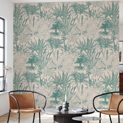 Tapet cu suculente teal pe roz, model floral fin, perfect pentru living, dormitor sau birou