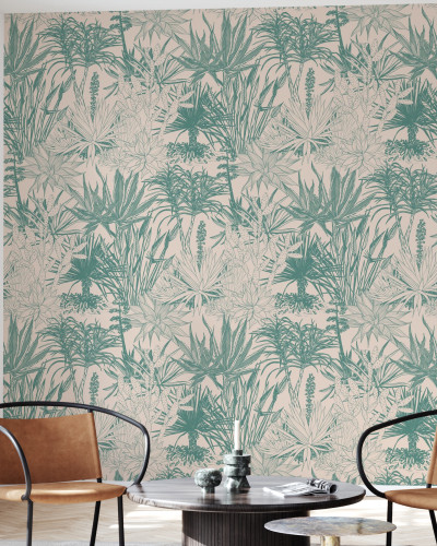 Tapet cu suculente teal pe roz, model floral fin, perfect pentru living, dormitor sau birou