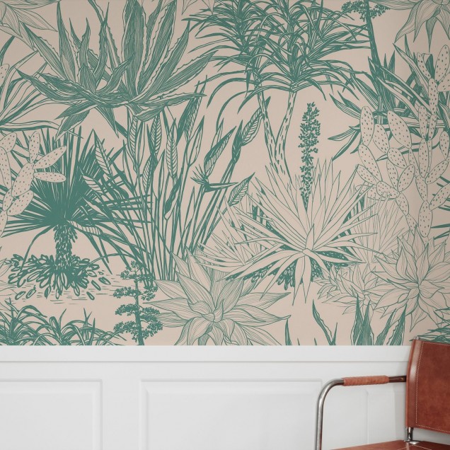 Tapet cu suculente teal pe roz, model floral fin, perfect pentru living, dormitor sau birou