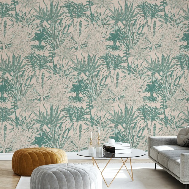 Tapet cu suculente teal pe roz, model floral fin, perfect pentru living, dormitor sau birou