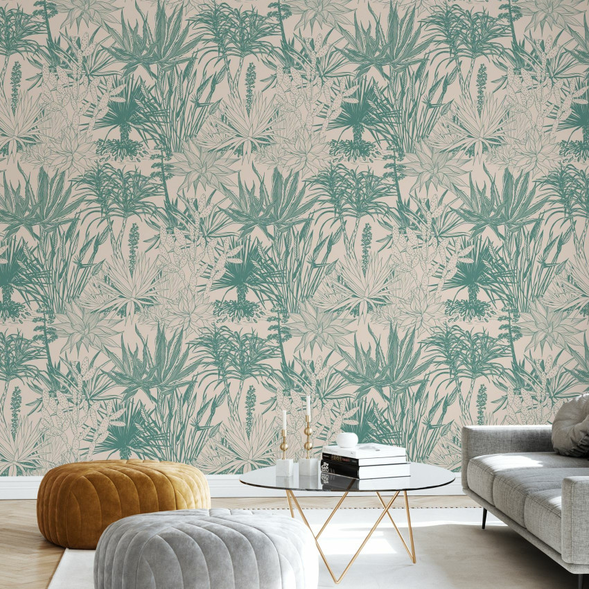 Tapet Succulents, gri, cu model minimalist de plante, ideal pentru living, dormitor sau bucatarie