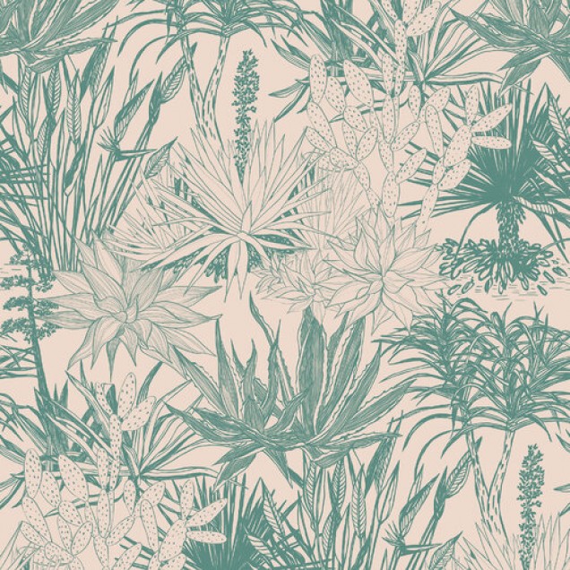 Tapet cu suculente teal pe roz, model floral fin, perfect pentru living, dormitor sau birou