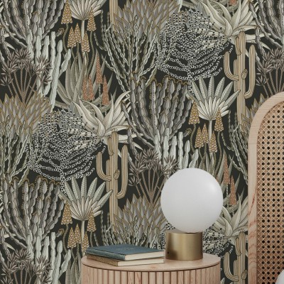 Tapet cu design floral inspirat din natura Africii, prezentand cactusi si euphorbia