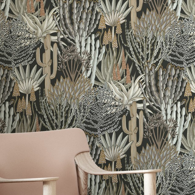 Tapet cu design floral inspirat din natura Africii, prezentand cactusi si euphorbia