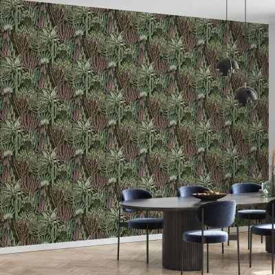 Tapet cu design floral, Euphorbia Forest, plante suculente,  verde, roz, bej