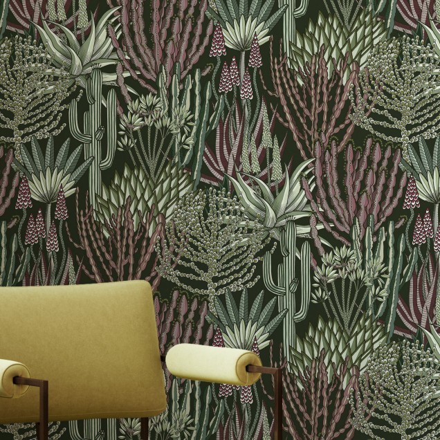 Tapet cu design floral, Euphorbia Forest, plante suculente,  verde, roz, bej