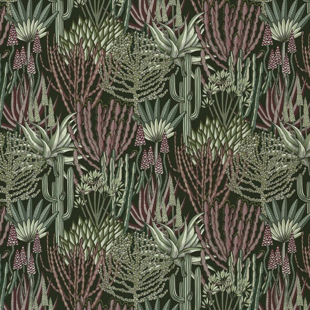 Tapet cu design floral, Euphorbia Forest, plante suculente,  verde, roz, bej