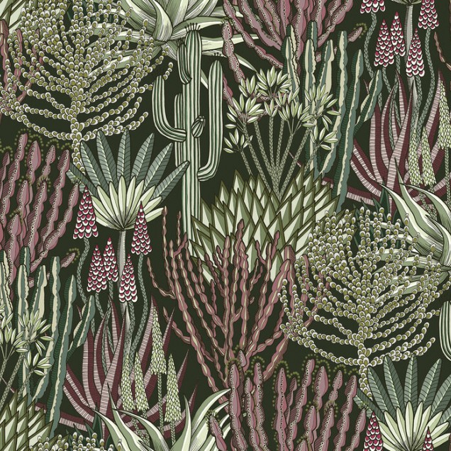 Tapet cu design floral, Euphorbia Forest, plante suculente,  verde, roz, bej