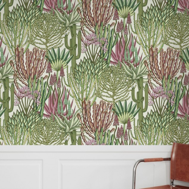 Tapet de perete cu model de plante suculente, Euphorbia Forest, Paradise, cu culori vibrante si un design elegant, prezentat in interiorul unui dormitor.