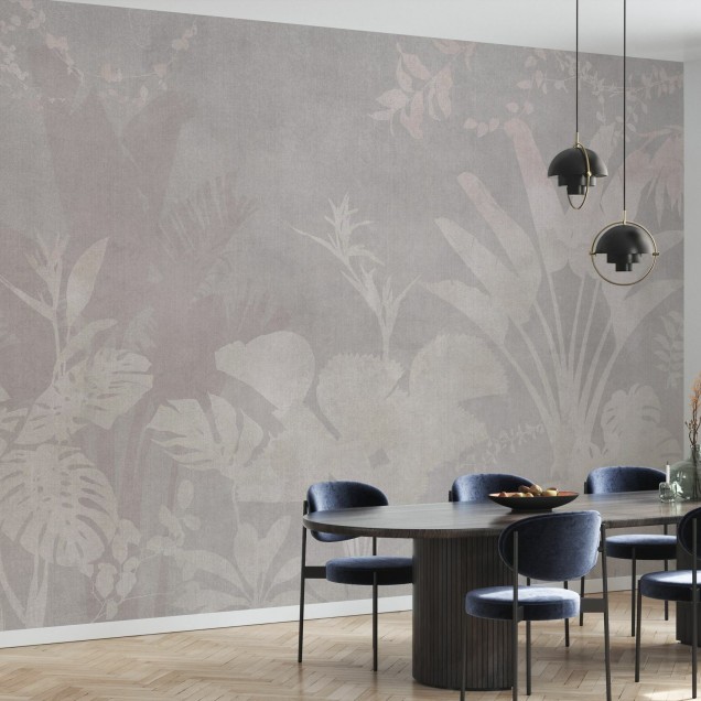 Tapet decorativ cu frunze, Pantanal Night, Beige Ash, cu design modern, minimalist, perfect pentru living, dormitor sau birou.