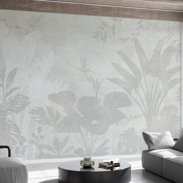 Pantanal Night, Light Ash -  de perete cu design minimalist cu frunze tropicale, tonuri de gri deschis, perfect pentru un ambient relaxant