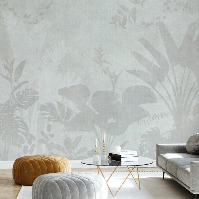 Pantanal Night, Light Ash -  de perete cu design minimalist cu frunze tropicale, tonuri de gri deschis, perfect pentru un ambient relaxant