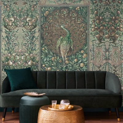 Tapet cu un paun intr-un decor boem