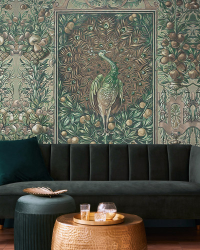 Tapet cu un paun intr-un decor boem