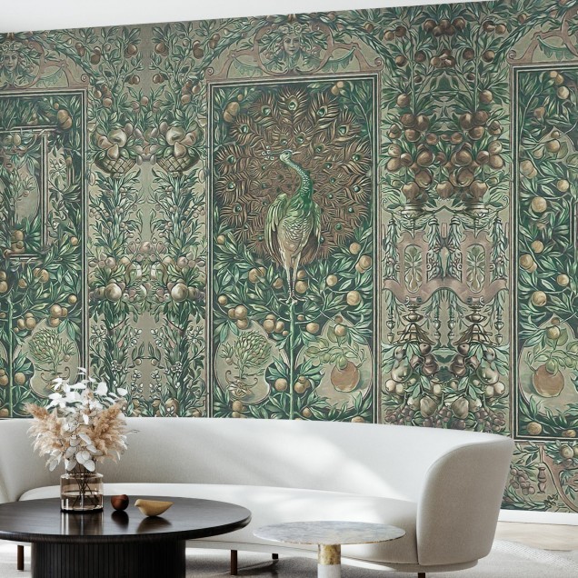 Tapet cu un paun intr-un decor boem