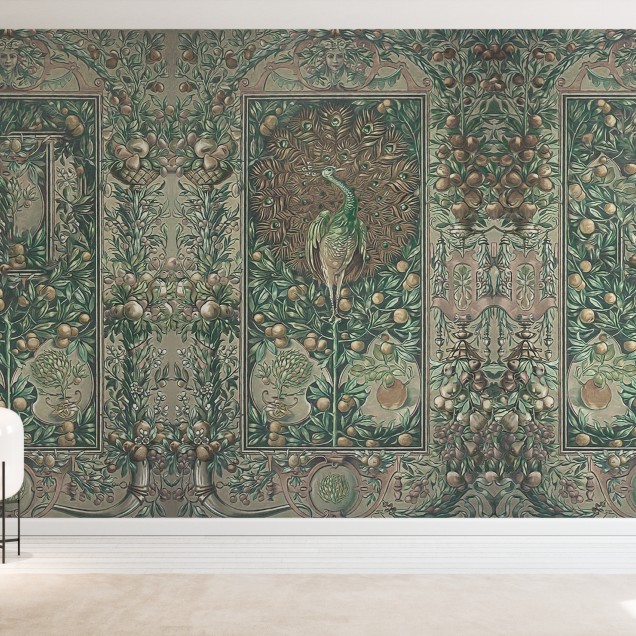 Tapet cu un paun intr-un decor boem
