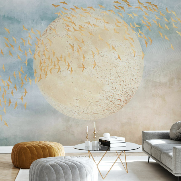 Swallows and Moon - Tapet perete cu păsări aurii și o lună mare