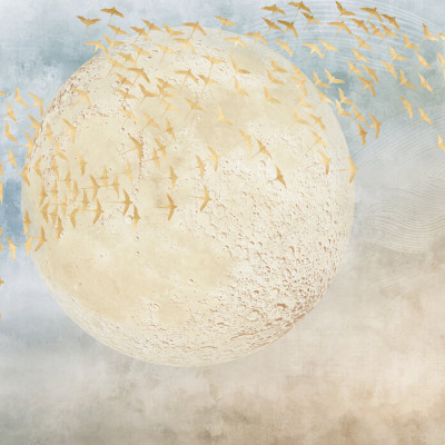 Swallows and Moon - Tapet perete cu păsări aurii și o lună mare