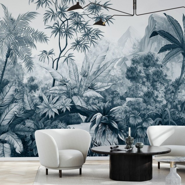 Tapet Jungle Dark Blue cu design exotic