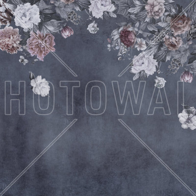 Fototapet floral vintage albastru în decor de dormitor