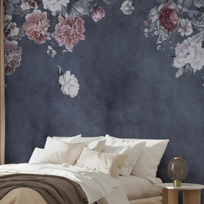 Fototapet floral vintage albastru în decor de dormitor